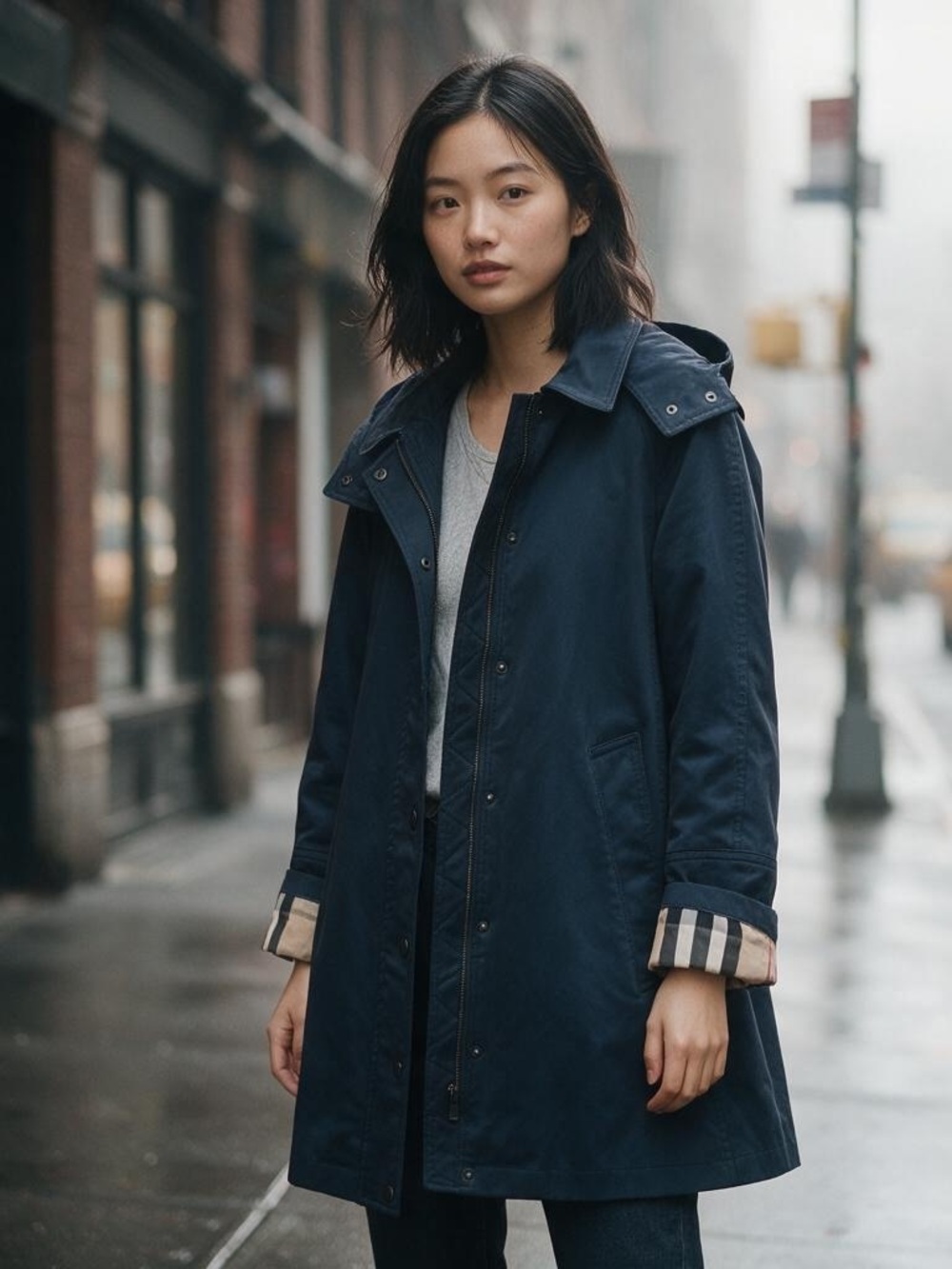 Burberry Navy Hooded Trench Parka Coat with Signature Cuff Lining Worn Twice
